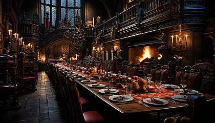 Grand medieval banquet hall, with a long feasting table, tapestries on the walls, knights and nobles in period attire, and a roaring fireplace.