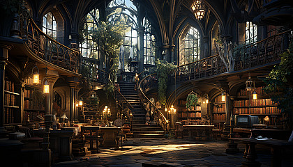 Ancient library filled with towering bookshelves, spiral staircases, mystical artifacts, and soft light filtering through stained glass windows.