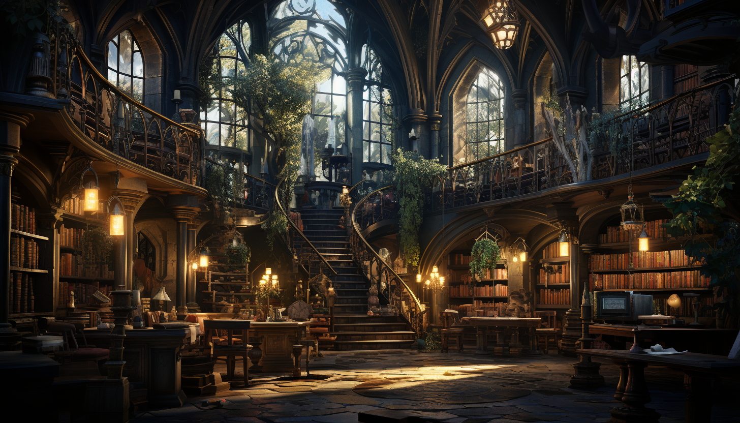 Ancient library filled with towering bookshelves, spiral staircases, mystical artifacts, and soft light filtering through stained glass windows.