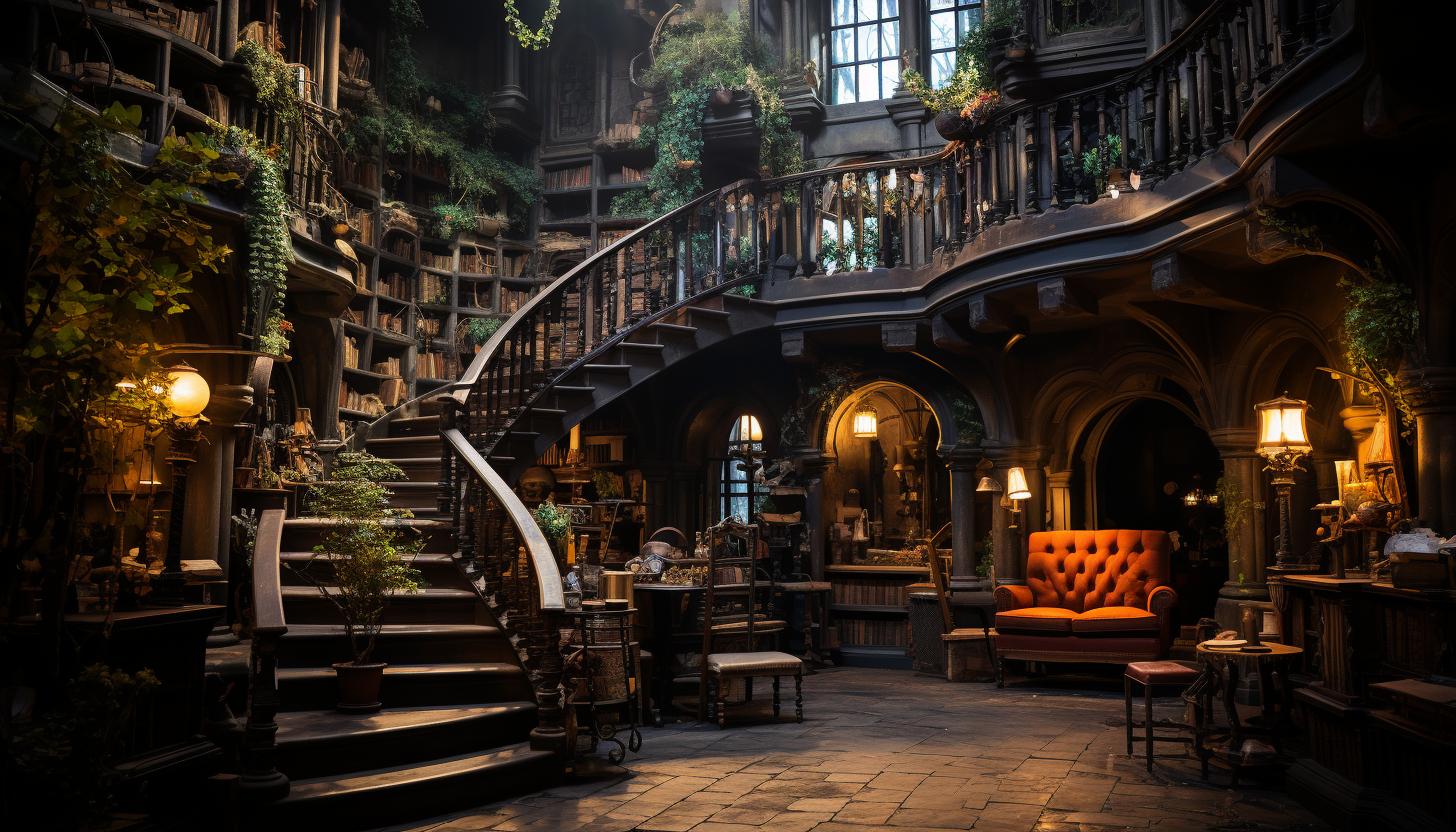 Ancient library with towering bookshelves, dimly lit by candlelight, ancient manuscripts, and a spiral staircase leading to hidden sections.