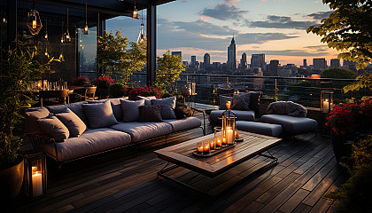 Rooftop garden in a modern city, with a variety of plants, comfortable seating, string lights, and a panoramic view of the skyline at dusk.