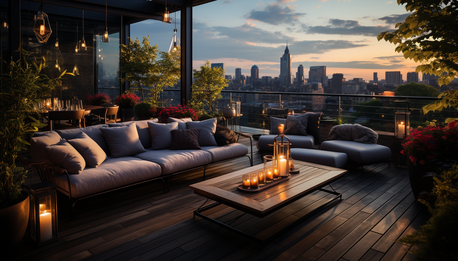 Rooftop garden in a modern city, with a variety of plants, comfortable seating, string lights, and a panoramic view of the skyline at dusk.