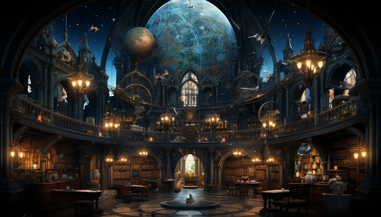 Ancient library with towering bookshelves, hidden alcoves, mystical artifacts, and a grand globe in the center under a skylight.