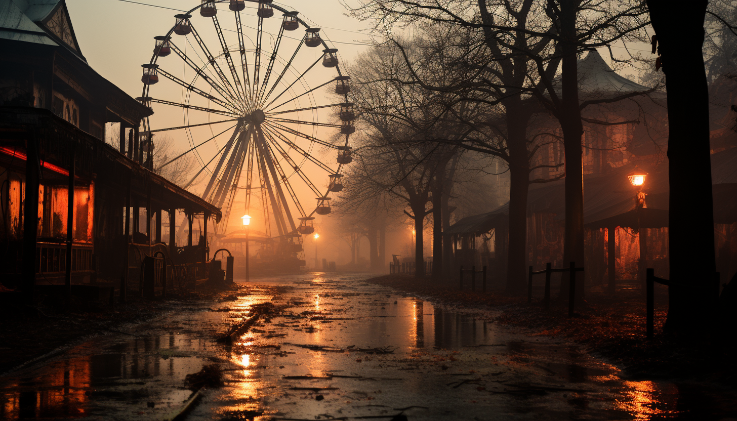 Abandoned amusement park at dawn, with overgrown rides, a still Ferris wheel, and a misty, eerie atmosphere.