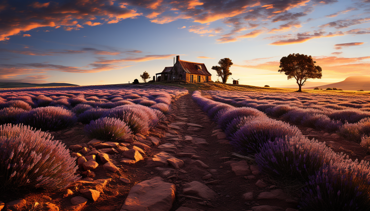 Lavender fields at dawn, with rows of purple blooms, a rustic farmhouse in the distance, and bees buzzing around.