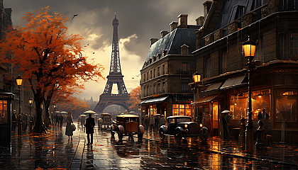 Classic 1920s Parisian café scene, with elegant patrons, waiters in period attire, vintage cars, and the Eiffel Tower in the background.