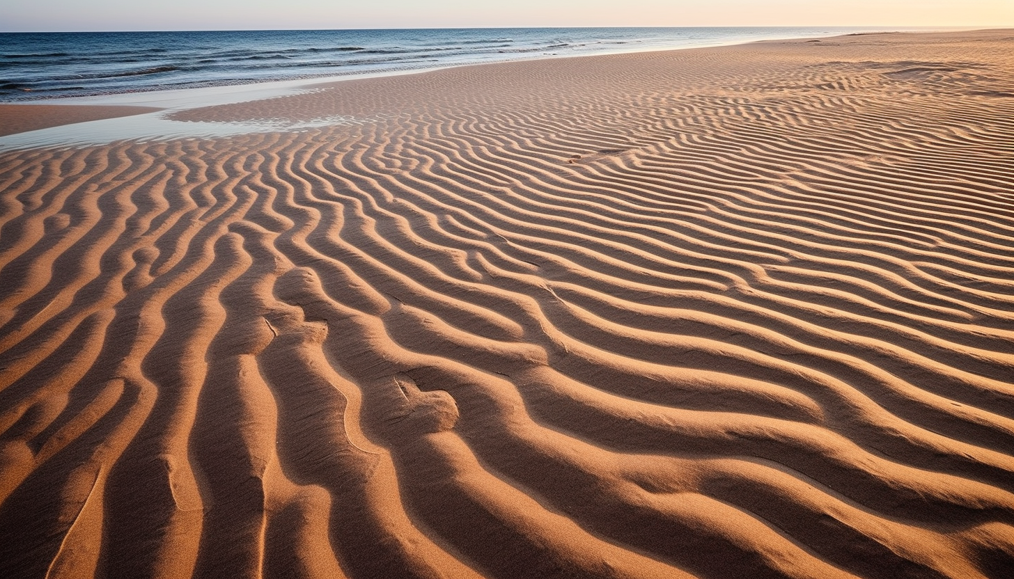 Sand patterns left behind by receding waves on a pristine beach.