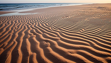 Sand patterns left behind by receding waves on a pristine beach.