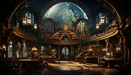 Ancient library with towering bookshelves, hidden alcoves, mystical artifacts, and a grand globe in the center under a skylight.