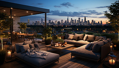 Modern urban rooftop garden, with lush greenery, comfortable lounge areas, panoramic city skyline, and string lights at dusk.