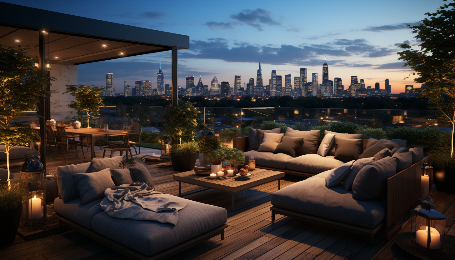 Modern urban rooftop garden, with lush greenery, comfortable lounge areas, panoramic city skyline, and string lights at dusk.