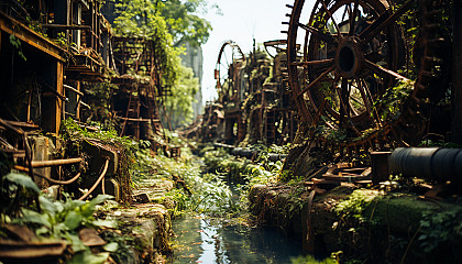 Abandoned amusement park reclaimed by nature, with overgrown roller coasters, a rusty Ferris wheel, and wild animals roaming freely.