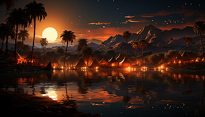 Desert oasis at night, under a star-filled sky, with palm trees, a tranquil pond, Bedouin tents, and camels resting nearby.