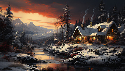 Quaint cottage in a snowy woodland, with warm light from windows, smoke from the chimney, and wild animals peering from the forest.