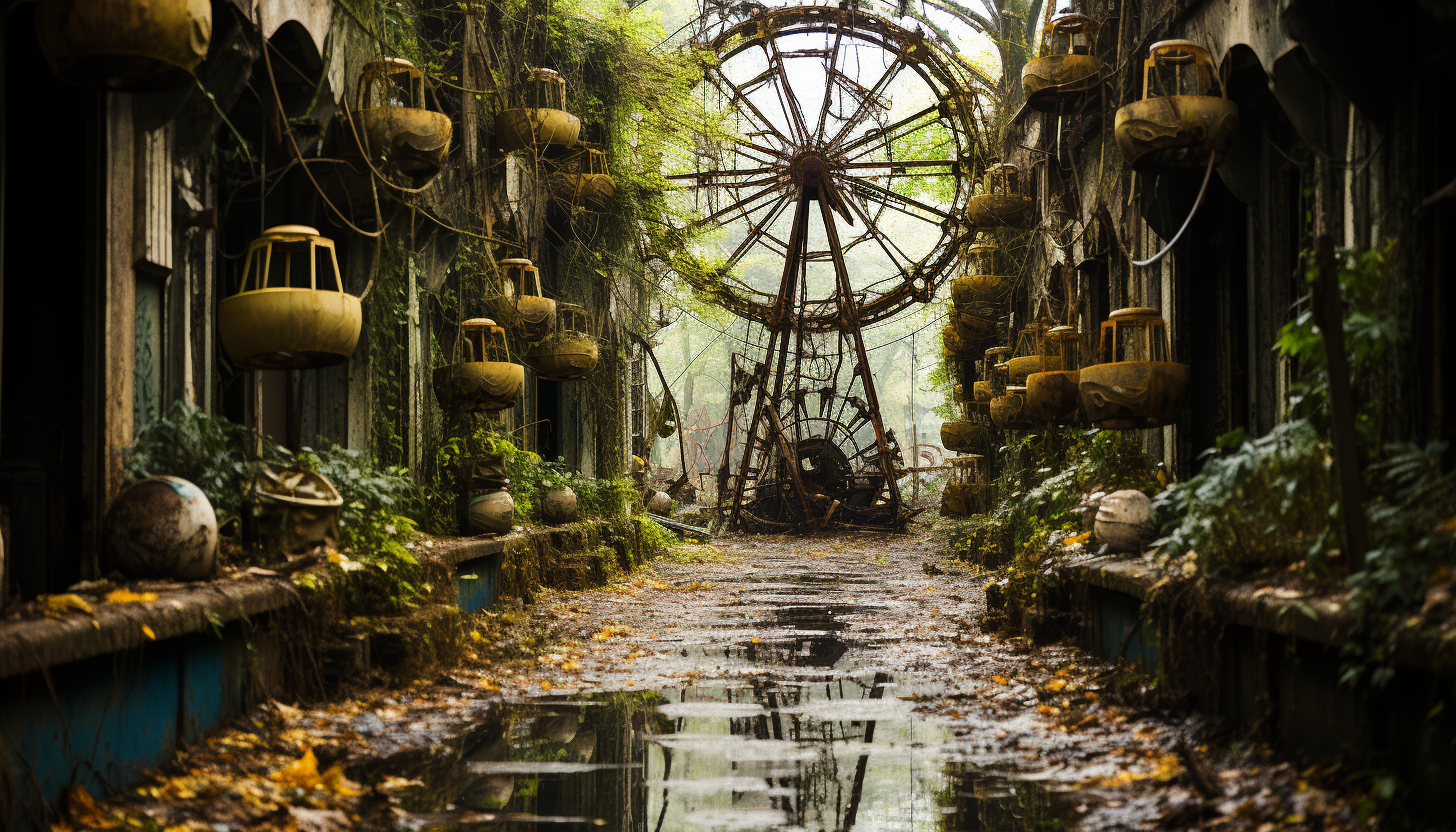 Abandoned amusement park overgrown with nature, rusting roller coasters, a still Ferris wheel, and a hauntingly beautiful carousel.