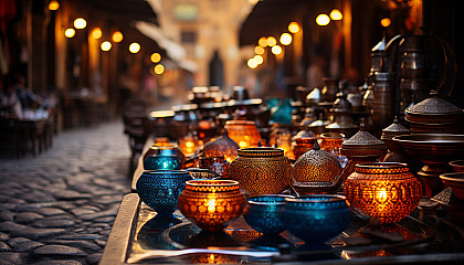 Traditional Moroccan bazaar, with spices piled high, intricate lanterns, vibrant fabrics, and bustling shoppers.