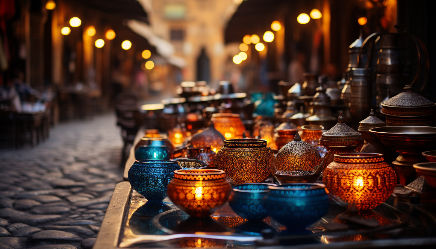 Traditional Moroccan bazaar, with spices piled high, intricate lanterns, vibrant fabrics, and bustling shoppers.