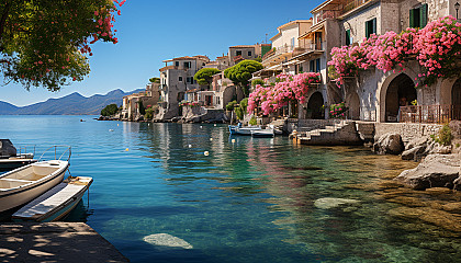 Mediterranean coastal village, with white-washed houses, bright blue doors, flower-filled balconies, and fishing boats bobbing in the harbor.