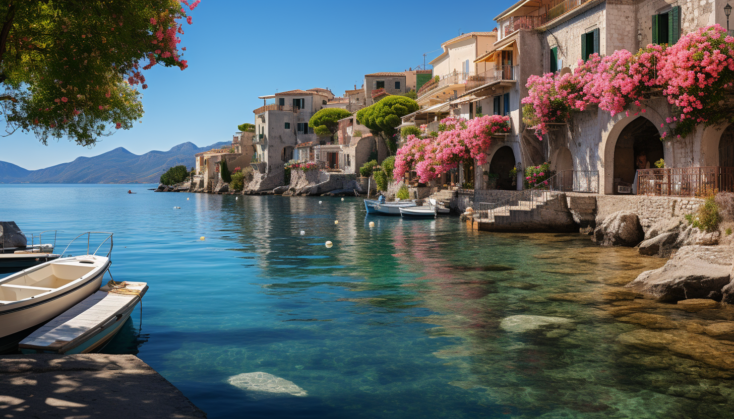 Mediterranean coastal village, with white-washed houses, bright blue doors, flower-filled balconies, and fishing boats bobbing in the harbor.