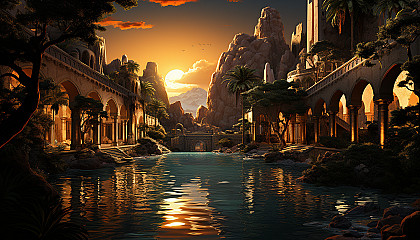 Desert oasis at sunset, featuring a tranquil pool, palm trees, camels resting, and ancient ruins under a vivid, orange sky.