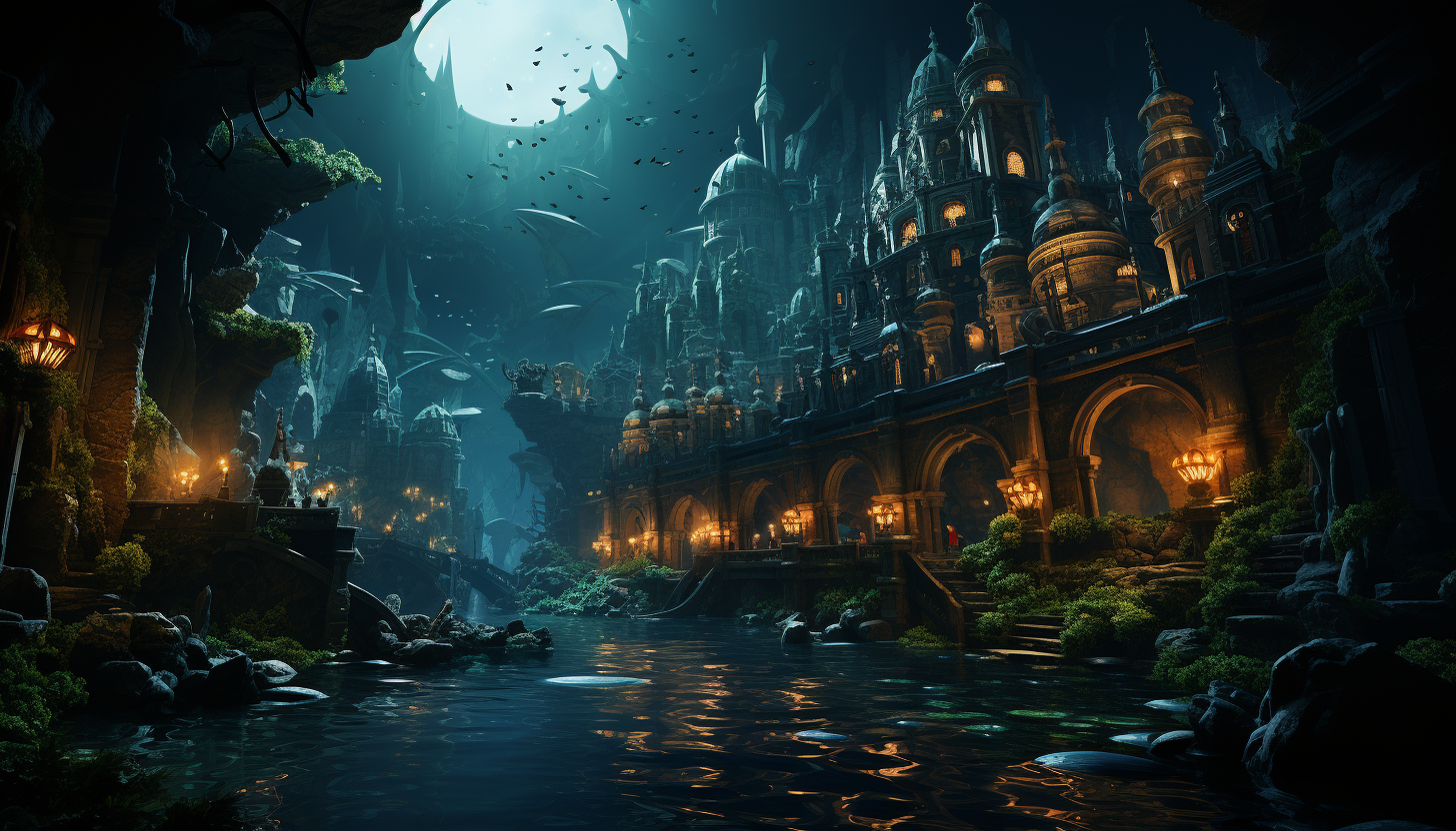 Undersea Atlantis-like city with glowing crystal structures, mermaids, schools of fish, and ancient ruins.