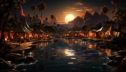 Oasis in the desert at night, featuring a tranquil pool, palm trees, starry sky, and Bedouin tents with flickering lanterns.