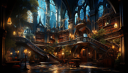 Ancient library filled with towering bookshelves, spiral staircases, mystical artifacts, and soft light filtering through stained glass windows.