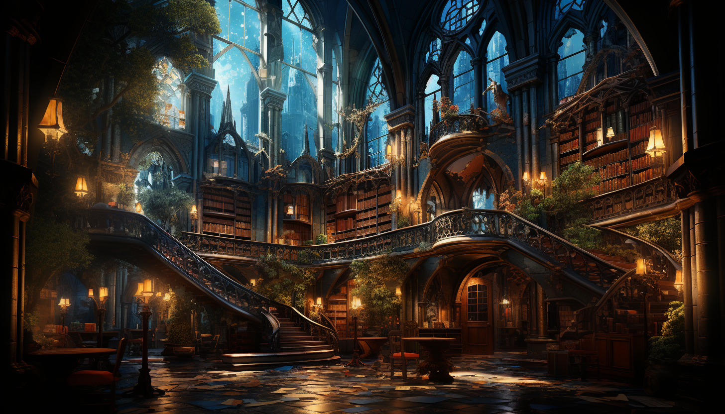 Ancient library filled with towering bookshelves, spiral staircases, mystical artifacts, and soft light filtering through stained glass windows.