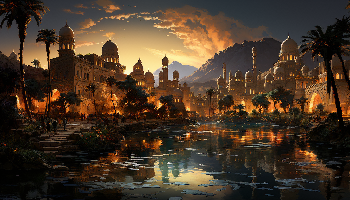 Desert oasis at twilight, with palm trees, a tranquil pool, camels resting, and a caravan of traders setting up camp.