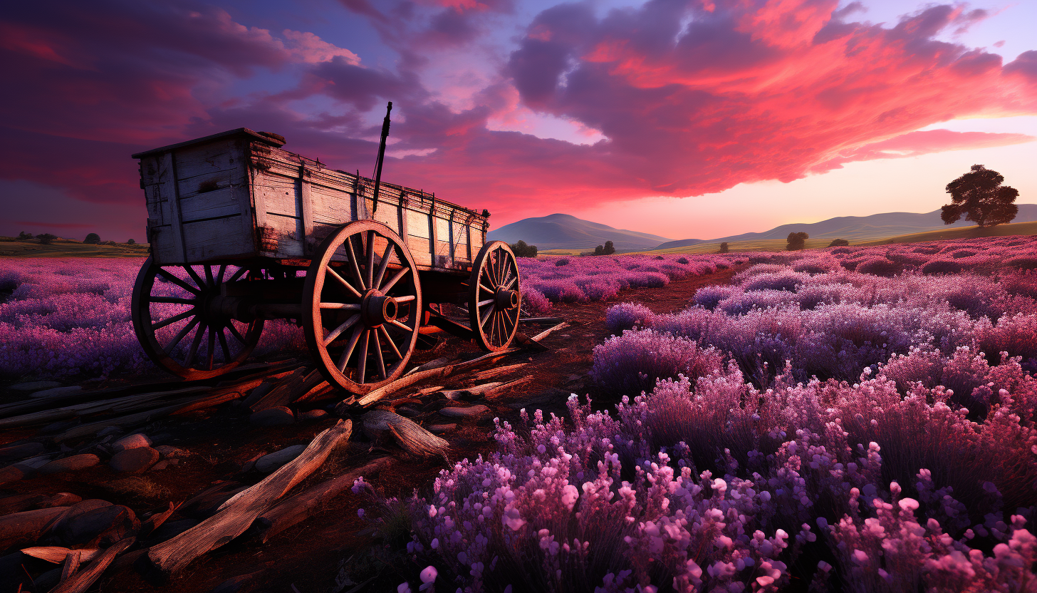 Serene lavender field at dawn, with a rustic wooden cart, a gentle mist, and the first rays of the sun illuminating the flowers.