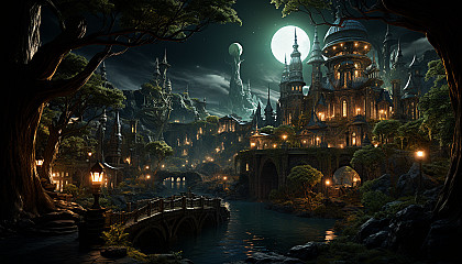 High fantasy elven city in an ancient forest, with treehouse dwellings, mystical light sources, and a dragon flying overhead.