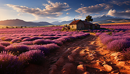Lavender fields in Provence with a rustic farmhouse, rows of purple flowers, and distant mountains under a sunny sky.