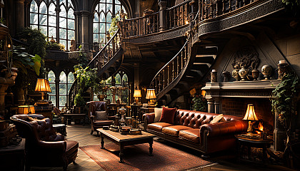 Grand library in a medieval castle, walls lined with ancient books, a large fireplace, stained glass windows, and a spiral staircase.