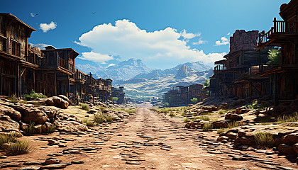 Old Western ghost town at high noon, with dusty streets, saloons, abandoned gold mines, and tumbleweeds rolling by.