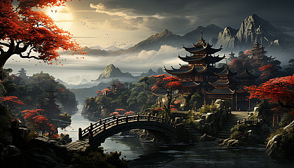 Traditional Chinese garden with a pagoda, stone paths, a lotus pond, and a red bridge, all surrounded by misty mountains.