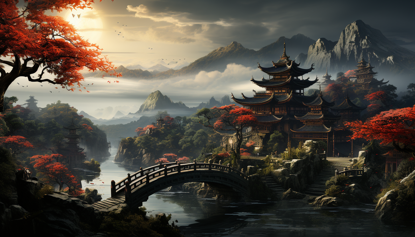 Traditional Chinese garden with a pagoda, stone paths, a lotus pond, and a red bridge, all surrounded by misty mountains.