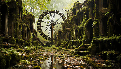 Abandoned amusement park reclaimed by nature, with overgrown roller coasters, a rusting Ferris wheel, and wild animals roaming.