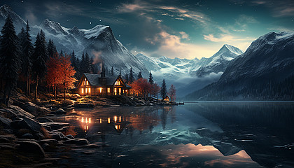 Cozy mountain cabin in winter, snow-covered trees, a frozen lake, smoke rising from the chimney, and a night sky with the Northern Lights.