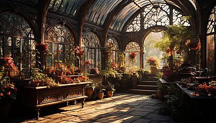 Victorian greenhouse filled with exotic plants, blooming flowers, a small fountain, and intricate ironwork, bathed in warm sunlight.