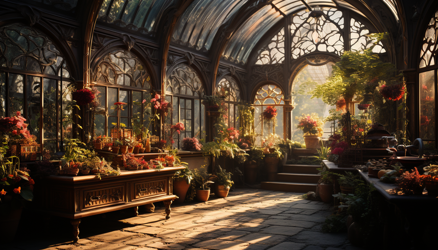 Victorian greenhouse filled with exotic plants, blooming flowers, a small fountain, and intricate ironwork, bathed in warm sunlight.