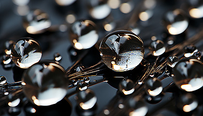 Macro view of dew drops on a spider web, glistening like diamonds.