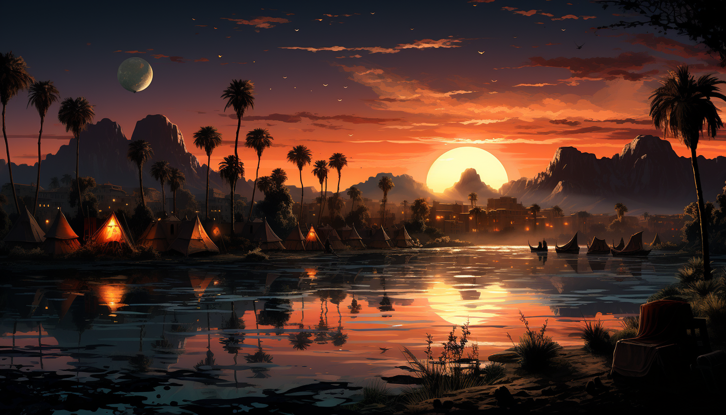 Desert oasis at twilight, with a tranquil pond, palm trees, a caravan of camels, and a star-filled sky above.