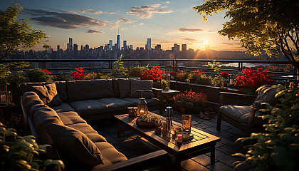 Modern city rooftop garden, with a variety of plants, comfortable seating, city skyline view, and soft ambient lighting.