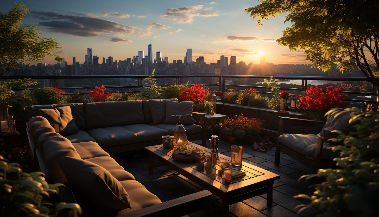 Modern city rooftop garden, with a variety of plants, comfortable seating, city skyline view, and soft ambient lighting.