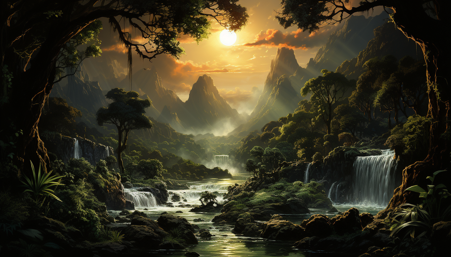 Lush rainforest canopy viewed from above, with a hidden waterfall, exotic birds in flight, and sun rays piercing through the foliage.