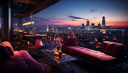 High-tech urban rooftop lounge at night, with sleek furniture, ambient lighting, holographic displays, and a view of neon-lit skyscrapers.