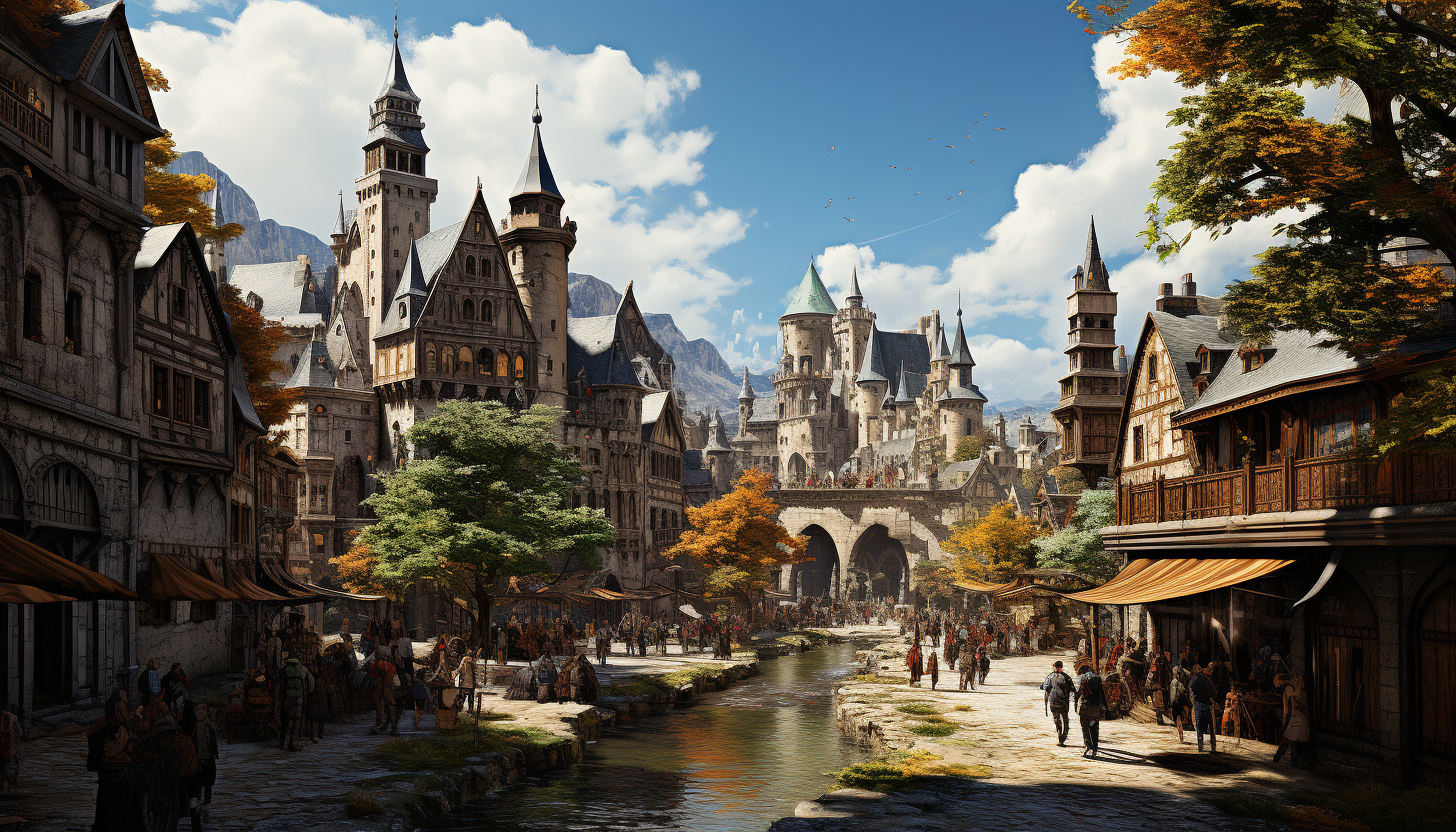 A bustling Renaissance fair, with jesters, knights in armor, medieval music, market stalls, and a castle in the background.