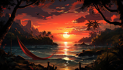 Lush tropical beach at sunset, with a hammock strung between palm trees, gentle waves, and a distant sailboat on the horizon.