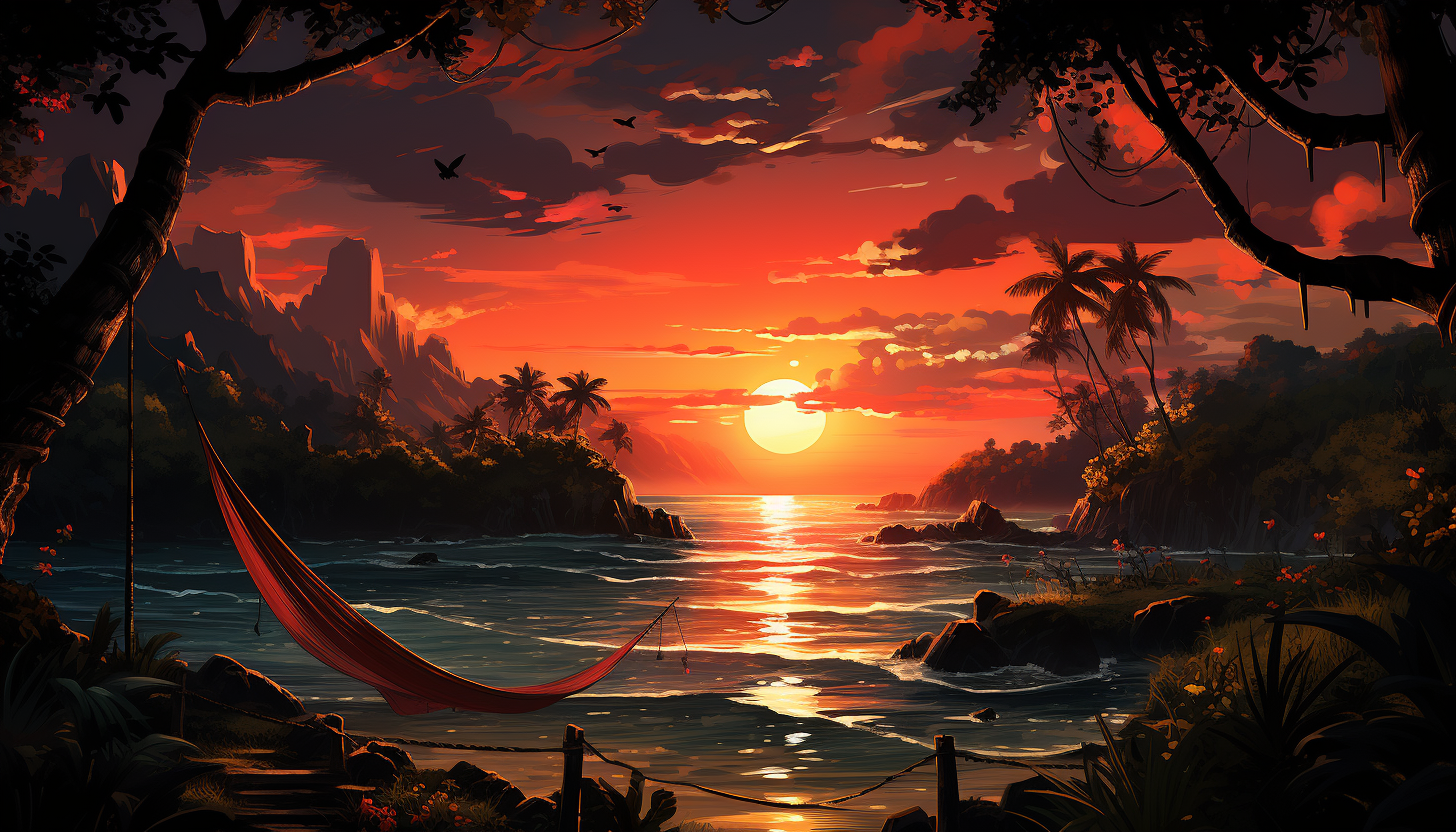 Lush tropical beach at sunset, with a hammock strung between palm trees, gentle waves, and a distant sailboat on the horizon.