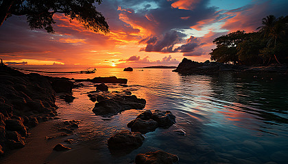 Vibrant Caribbean beach at sunset, with crystal clear water, palm trees, a hammock, and a small boat floating near the shore.